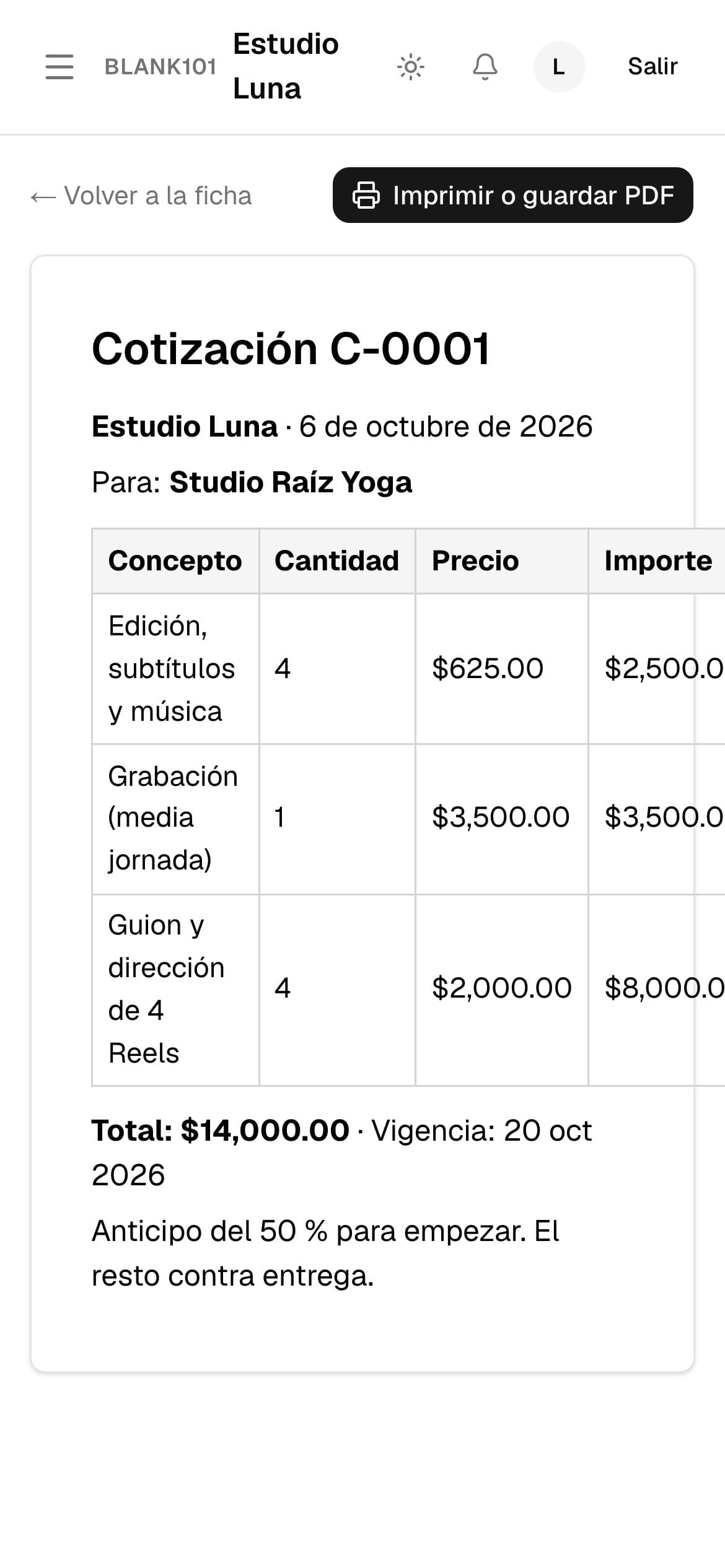 Cotización con conceptos, importes y total, lista para imprimir (en el teléfono)
