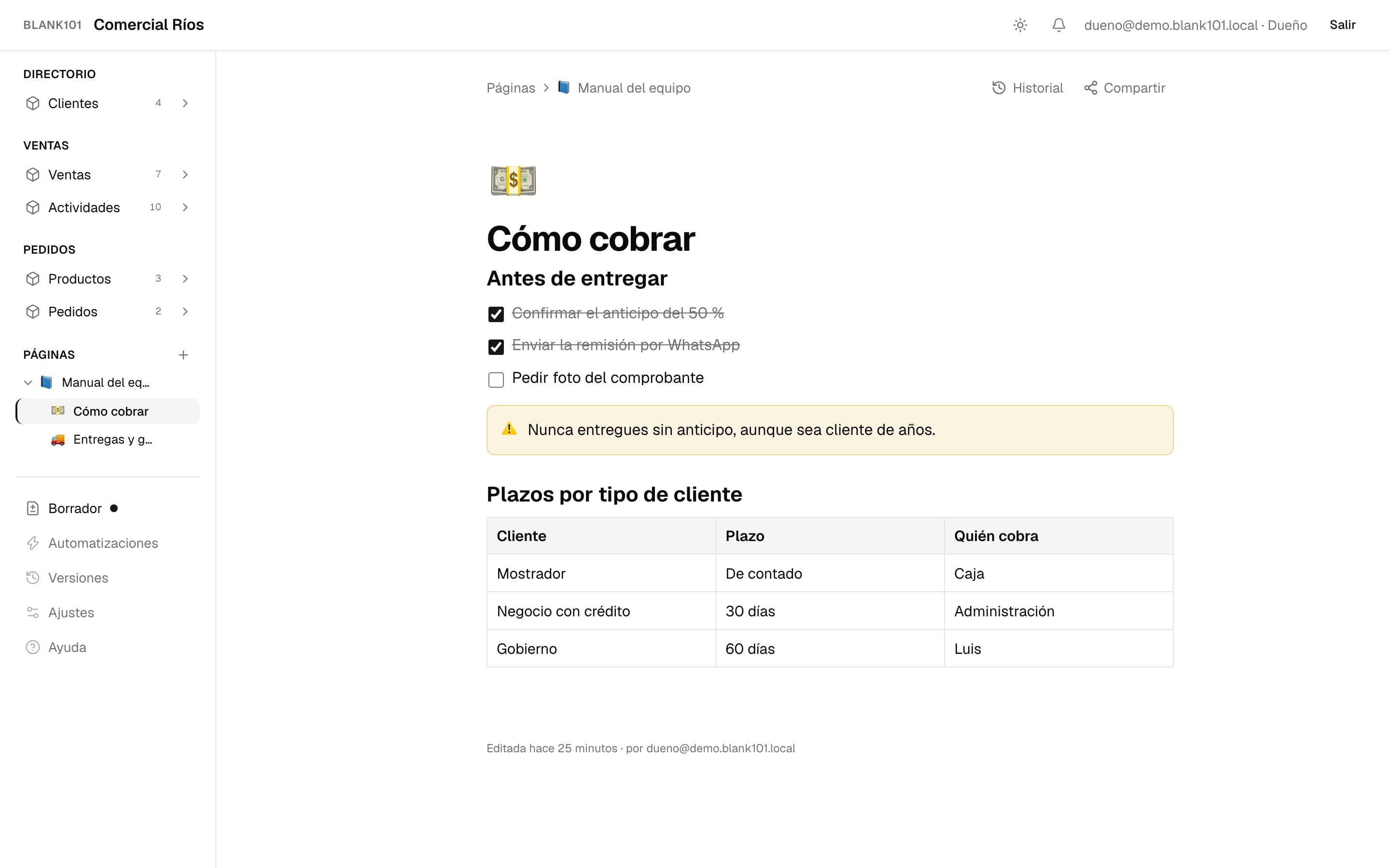Página del manual del equipo con checklist, aviso y tabla de plazos